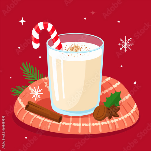 Festive illustration of a glass of eggnog with a candy cane, cinnamon stick, and winter spices on a red background, perfect for Christmas and holiday season designs.