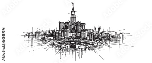 mecca saudi arabia cityscape tall building engraving sketch vector illustration