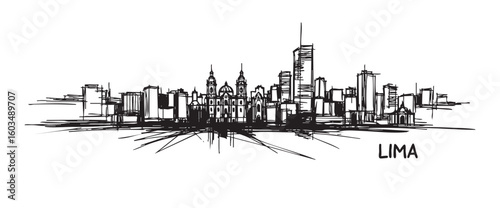 lima peru cityscape tall building engraving sketch vector illustration