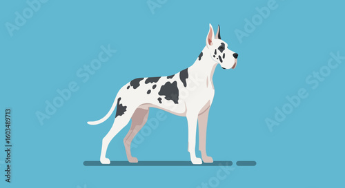 Elegant Great Dane Cartoon Illustration on a Serene Blue Canvas Displaying a Majestic and Loyal Canine Image