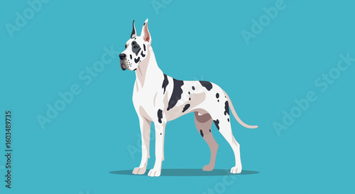 Elegant Great Dane Portrait: Vector Illustration of a Distinguished Dog with Distinctive Markings against a Serene Blue Backdrop