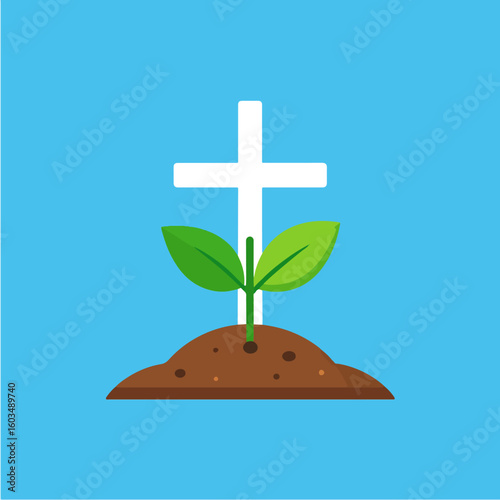 Symbolic vector art featuring new life growing from the soil with a cross in the background, signifying resurrection, faith, hope, and renewal, perfect for religious themes.