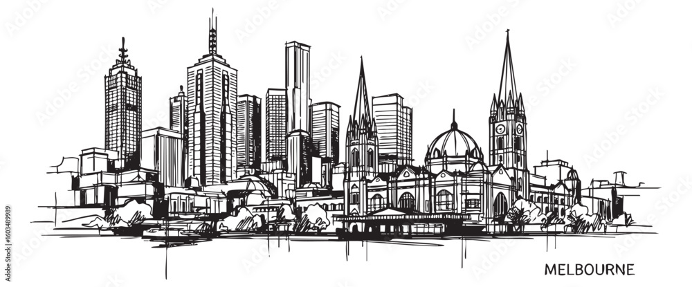 Obraz premium melbourne australia cityscape tall building engraving sketch vector illustration