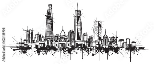ho chi minh vietnam cityscape tall building engraving sketch vector illustration