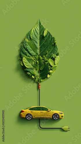 Green car made of grass and leaves is charging. - Representing electronic energy or sustainable power.showcasing sustainable transportation and ecofriendly automotive design.