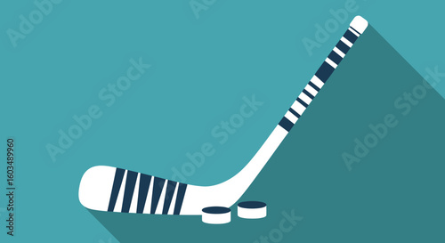 Graphic illustration of hockey equipment: stick and pucks presented on a turquoise background showcasing the essence of the winter sport