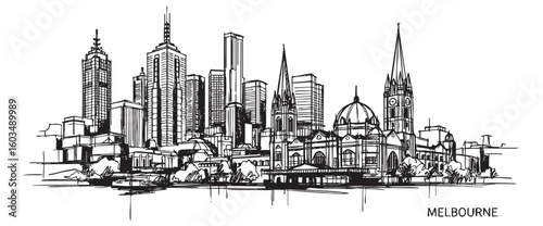 melbourne australia cityscape tall building engraving sketch vector illustration