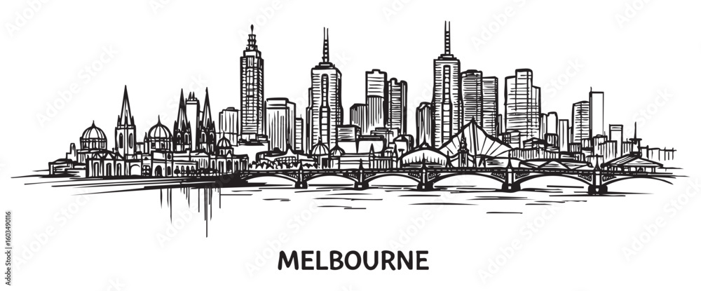 Obraz premium melbourne australia cityscape tall building engraving sketch vector illustration
