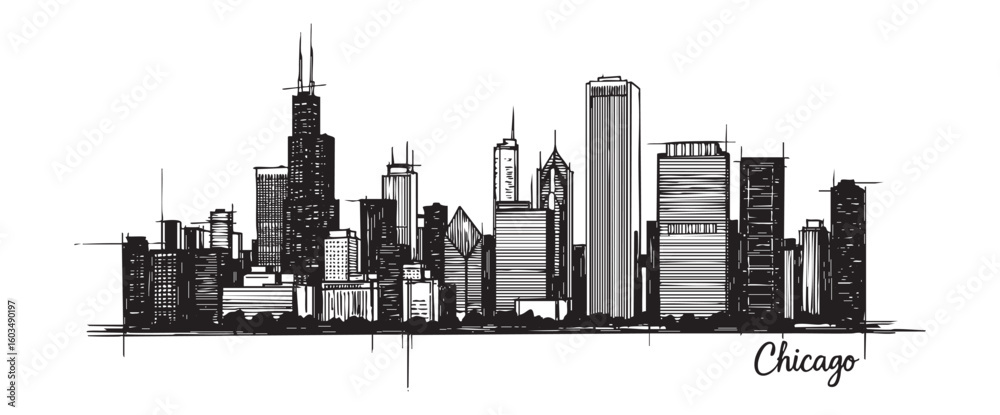 Obraz premium chicago usa cityscape tall building engraving sketch vector illustration
