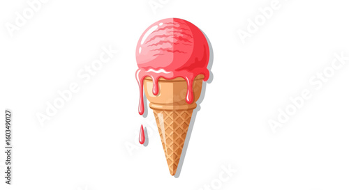 Delightful graphic artwork showcasing a dripping pink ice cream cone against a pristine white backdrop
