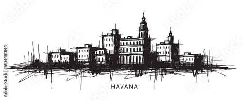 havana cuba cityscape tall building engraving sketch vector illustration