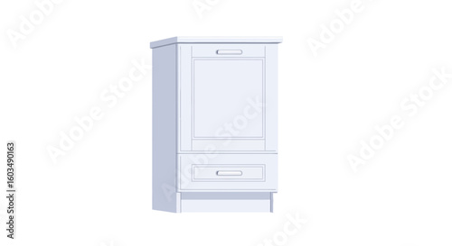 Architectural rendering of a classic white cabinet with a framed door and drawer on an isolated white background