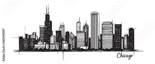 chicago usa cityscape tall building engraving sketch vector illustration
