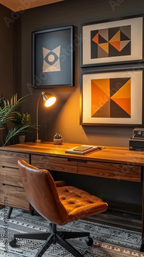 Stylish wooden home office desk with leather chair, books, and geometric art, illuminated by cozy ambient lighting.
