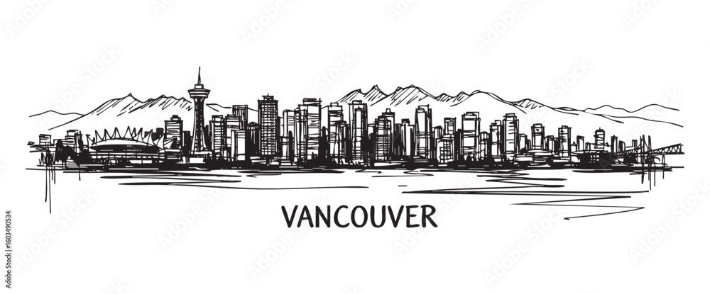 Obraz premium vancouver canada cityscape tall building engraving sketch vector illustration