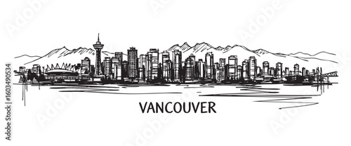 vancouver canada cityscape tall building engraving sketch vector illustration