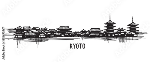 kyoto japan cityscape tall building engraving sketch vector illustration