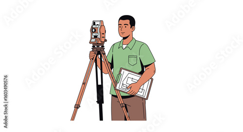 Cartoon Illustration of a Surveyor with Total Station Instrument and Blueprint on Isolated White Background