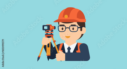 Illustration of surveyor with total station for construction and surveying processes with flat design style suitable for presentations and websites