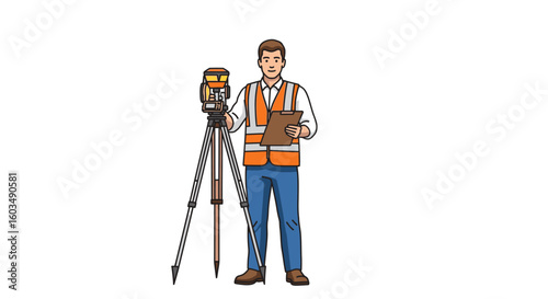 Cartoon Illustration of a Surveyor Conducting Measurements with Theodolite and Clipboard on Construction Site Project Showing Engineering Precision