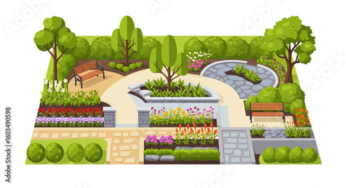 Illustration of a top-down view of a beautifully landscaped park with vibrant plants and decorative elements