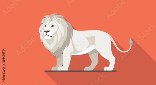 Flat Illustration of a Powerful White Lion with a Rich Mane and Regal Stance Against a Saturated Reddish Orange Plain Background