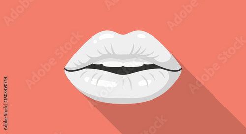 Stylized depiction of glossy white lips with subtle shadowing on a coral backdrop that radiates a modern and minimalist aesthetic
