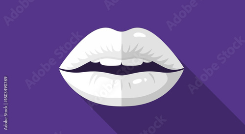 Stylized white lips on violet backdrop showcasing cosmetic enhancement and facial beauty in minimalist graphic design with long shadow