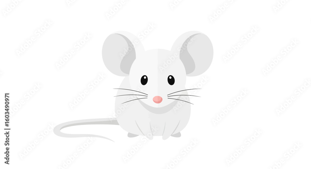 Charming depiction of a whimsical white mouse with simple lines and shapes set against a stark white canvas evokes playfulness