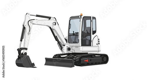 Detailed vector illustration of a modern mini excavator isolated on a white background highlighting its design and structure