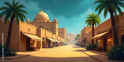 Ancient arab city with market and palace in the desert. Modern cartoon illustration of yellow traditional houses, an antique castle, mosques, palm trees.