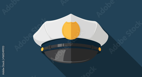 Flat Vector Illustration Depicting a Police Officer's Hat on Deep Blue Backdrop, Symbol of Safety