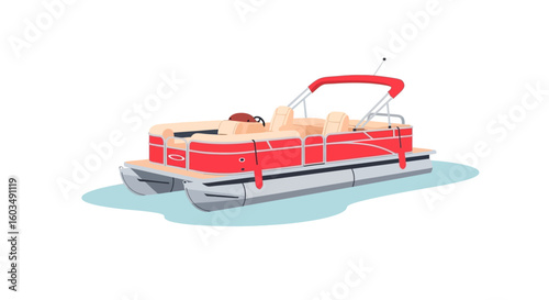 Vivid depiction of a modern red pontoon boat on calm waters reflecting recreational boating adventure and leisure activity in a vector format image