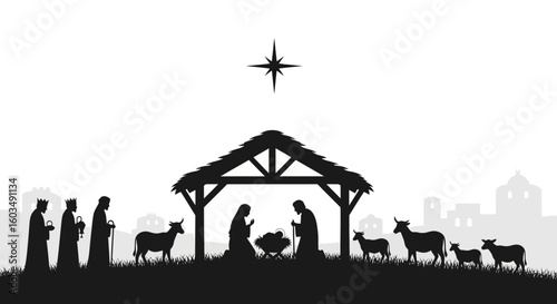 Silhouette Depiction of Nativity Scene with Animals and Wise Men in Monochrome Tones