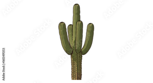 Isolated saguaro cactus illustration, a towering succulent native to arid desert landscapes exhibiting its iconic columnar form with ribbed texture