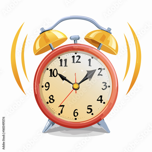 Alarm clock ringing – Retro twin-bell alarm clock mid-ring.
