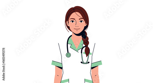 Illustration of a Compassionate Female Healthcare Professional Depicting Modern Medicine and Care Uniform Braided Hair and