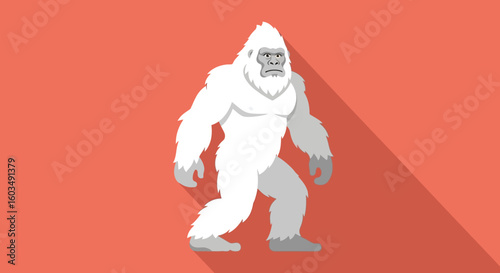 Illustration of an Isolated Cartoon Yeti on a Coral Background with Shadow Effect, Symbol of Cryptid Monsters Concept and the Unknown Discoveries