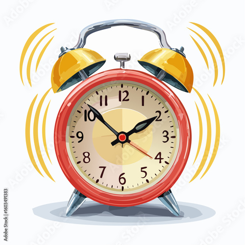 Alarm clock ringing – Retro twin-bell alarm clock mid-ring.
