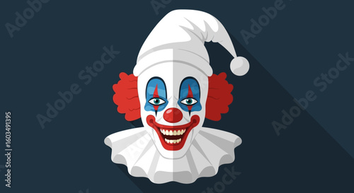 Terrifying clown with wide grin against dark background evokes feelings of dread and unease conveying an aura of unsettling entertainment and