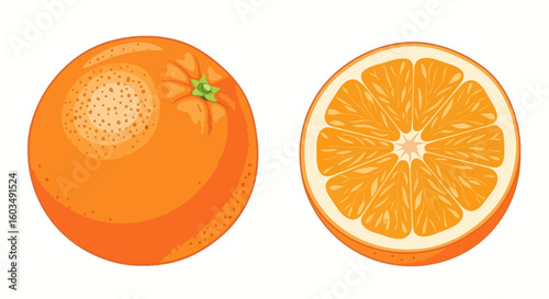 Vibrant citrus delight illustration showcasing an orange with its juicy counterpart, radiating freshness and vibrant flavor on simple white backdrop