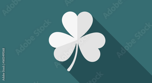 Minimalist St. Patrick's Day Shamrock with Long Shadow on Teal Background, flat design luck concept
