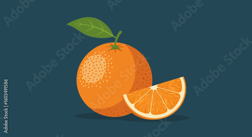 Vibrant orange citrus fruit illustration with a juicy wedge on a stark dark backdrop offers a clean vector illustration ideal for various design
