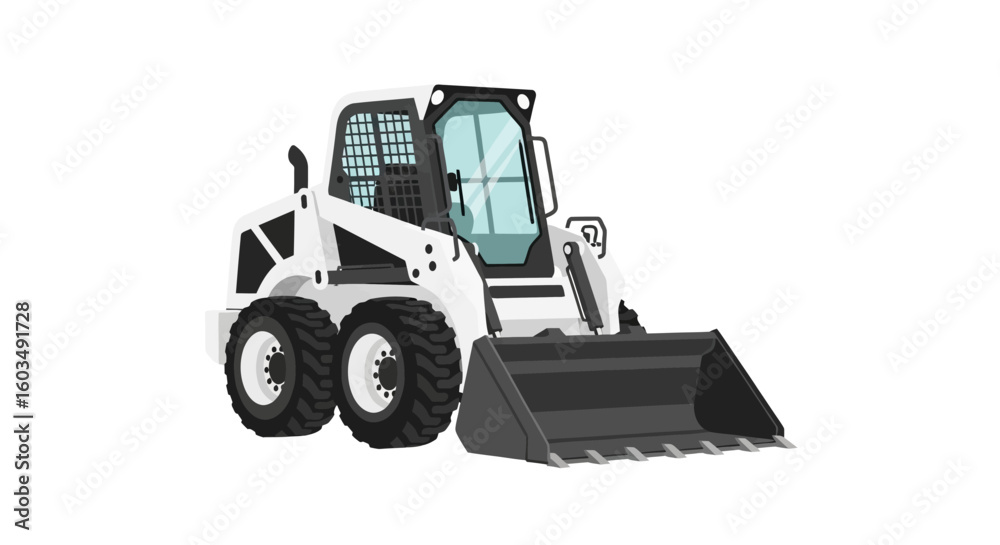 Fototapeta premium Simplified depiction of a compact white and gray construction loader against a clean backdrop showcasing industrial machine vector illustration