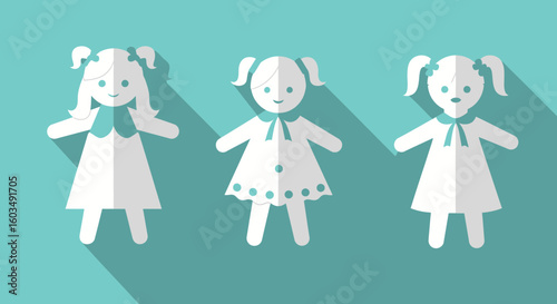 Conceptual Illustration: Three Girls with Ponytails Casting Long Shadows on a Teal Background