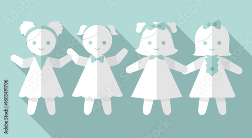 Whimsical Childhood: Flat Design Illustration of Four Paper Doll-like Girls Holding Hands in Simple Dresses