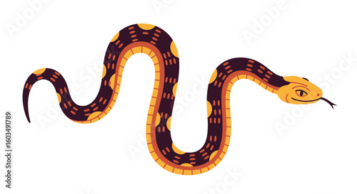 Stylized illustration of a snake with geometric patterns and vibrant coloration on a plain backdrop for diverse applications