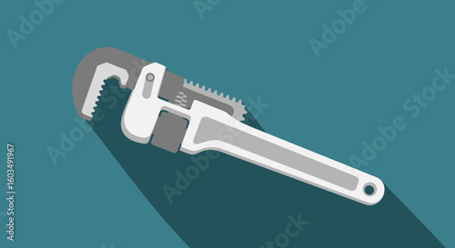 Detailed flat design of a silver pipe wrench with an extended shadow on a muted teal backdrop conveying precision and utility