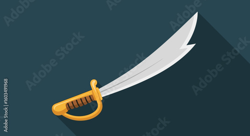 Sleek scimitar digital art evokes adventure with its gleaming blade and ornate golden hilt  with a long shadow adding depth to the illustration