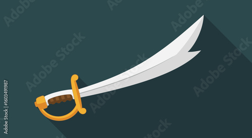 Stylized vector illustration of a pirate cutlass sword with a gold hilt and a white blade isolated over a plain background